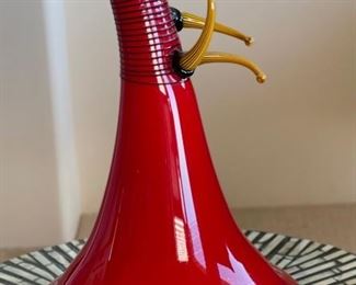 Michael Meilahn Contemporary Art Glass 3-Toed Teapot Vase Sculpture Red w/ Yellow arms  O'Meilahn	13in H x 8in Diameter
