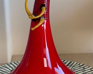 Michael Meilahn Contemporary Art Glass 3-Toed Teapot Vase Sculpture Red w/ Yellow arms  O'Meilahn	13in H x 8in Diameter
