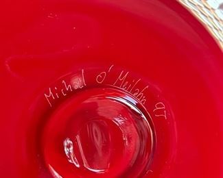 Michael Meilahn Contemporary Art Glass 3-Toed Teapot Vase Sculpture Red w/ Yellow arms  O'Meilahn	13in H x 8in Diameter
