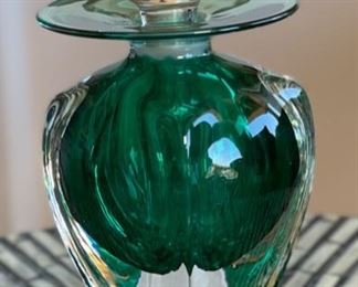 Michael Trimpol Studio Art Glass Perfume Bottle Green	7.5in H x 3in Diameter
