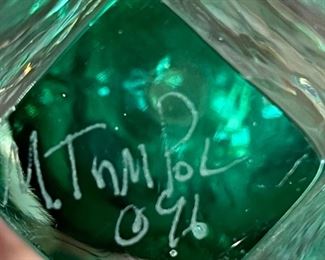 Michael Trimpol Studio Art Glass Perfume Bottle Green	7.5in H x 3in Diameter
