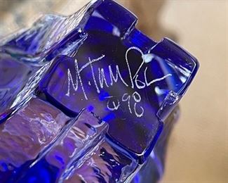 Michael Trimpol Studio Art Glass Perfume Bottle Blue	7.25 H x 3.75in Diameter
