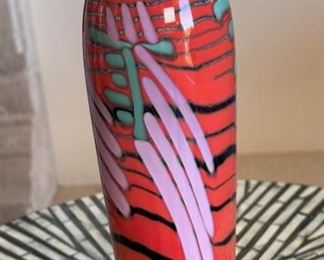 Steven Main Art Glass Perfume Bottle Red Steve E. 	10in H x 2in Diameter
