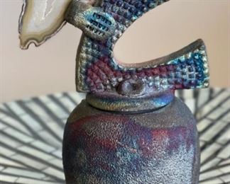 Helene Fielder Raku Ceramic Abstract Vessel Bottle Art Pottery	6.5x3.5x2.75in
