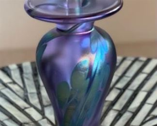 Signed Studio Art Glass Perfume Bottle Iridescent	7in X 2.25in Diameter
