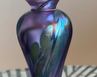 Signed Studio Art Glass Perfume Bottle Iridescent	7in X 2.25in Diameter
