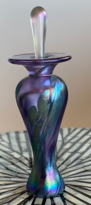 Signed Studio Art Glass Perfume Bottle Iridescent	7in X 2.25in Diameter
