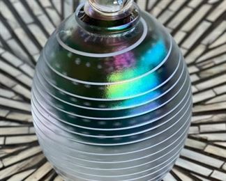 Eickholt Studio Art Glass Perfume Bottle  Iridescent Striped  Controlled Bubble	5.5in H x 3.5in
