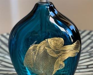 Fire Island David Foster & Mathew LaBarbera Art Glass Perfume Bottle Green Gold	6x3.5x1.5in
