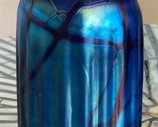 2pc Art Glass Iridescent Jars Signed	4.5in H x 2.75in Diameter

