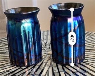 2pc Art Glass Iridescent Jars Signed	4.5in H x 2.75in Diameter
