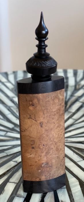 Jon Sauer Redwood Burl Wood Perfume Bottle Container Signed	4.75x1.25x.75in
