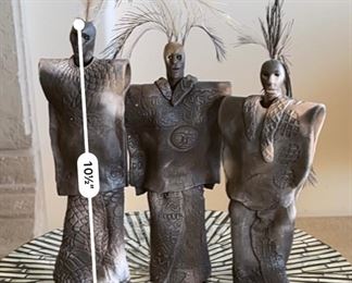 3pc Raku Ceramic Figures Artist Made	Tallest: 11x3.25x1.75
