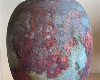 Lg Artist Made Raku Ceramic Pot Lidded Vase Perkins	18in H x 12in Diameter
