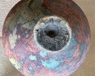 Lg Artist Made Raku Ceramic Pot Lidded Vase Perkins	18in H x 12in Diameter
