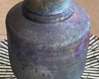 Med Artist Made Raku Ceramic Pot Lidded Vase  Signed	10in H x 7in Diameter

