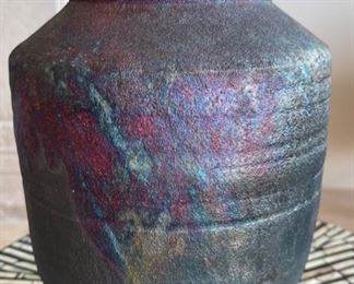 Med Artist Made Raku Ceramic Pot Lidded Vase  Signed	10in H x 7in Diameter
