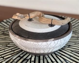 Artist Made Raku Pottery Lidded Vase Wood Top Med	3in H x 6.75in Diameter
