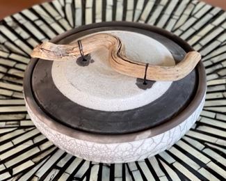 Artist Made Raku Pottery Lidded Vase Wood Top Med	3in H x 6.75in Diameter
