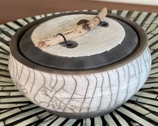 Artist Made Raku Pottery Lidded Vase Wood Top Sm	2.5in H x 5.75in Diameter
