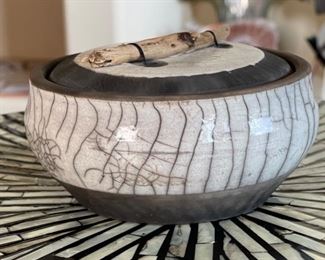 Artist Made Raku Pottery Lidded Vase Wood Top Sm	2.5in H x 5.75in Diameter
