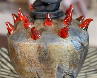Dave Allyn Ceramics Raku Spiked Urn Lidded Vase	7.5in H x 5.25in Diameter
