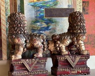2pc Carved Wood Foo Dogs PAIR	19x6x11in
