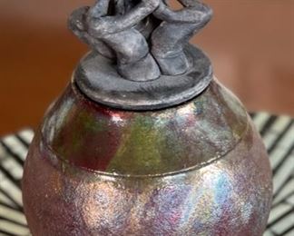 Dave Allyn Ceramics Raku  Urn Lidded Vase  Yoga	9in H x 4.5in Diameter
