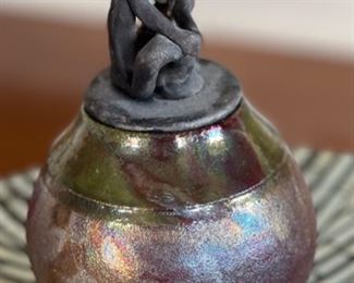 Dave Allyn Ceramics Raku  Urn Lidded Vase  Yoga	9in H x 4.5in Diameter

