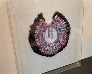 K Lee Manuel Hand Painted Feather and Textile Wearable Necklace/ Collar Framed & Mounted Natural Feather Necklace	27.5x24.5x3in
