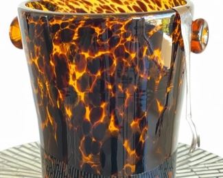 Art Glass Hand Blown Ice Bucket Unsigned  Tortoise Shell Ice	9.5x9.25x8in
