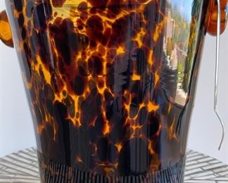 Art Glass Hand Blown Ice Bucket Unsigned  Tortoise Shell Ice	9.5x9.25x8in
