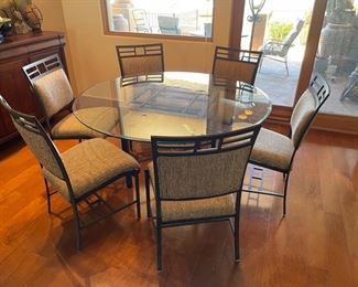 Iron & glass breakfast table with 6 chairs	Table: 59.5in diameter  
