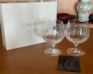 Galway crystal brandy glasses in original box	5 inches tall X 3.5 inches in diameter
