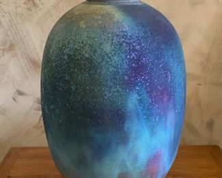 Signed Raku Studio Pottery Lidded Vase with Iridescent Colors	19X12X12
