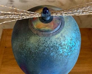 Signed Raku Studio Pottery Lidded Vase with Iridescent Colors	19X12X12
