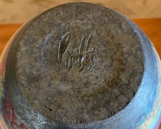 Signed Raku Studio Pottery Lidded Vase with Iridescent Colors	19X12X12
