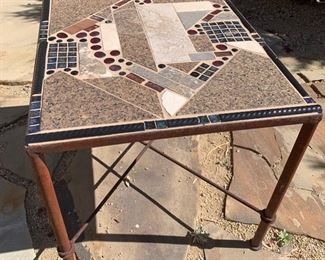 Outdoor Artist Made Table Tile Top with Glass Inlay and Rustic Metal Leg	20x25x21
