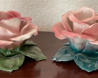 2pc Italian Pottery Rose Candle Holders Capodimonte	3x5x5in
