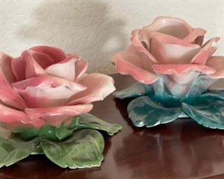 2pc Italian Pottery Rose Candle Holders Capodimonte	3x5x5in
