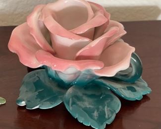 2pc Italian Pottery Rose Candle Holders Capodimonte	3x5x5in
