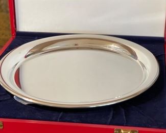Cartier Silver Pewter Platter with Box & Cover Plate Tray	11in Diameter Plate
