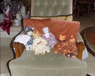 Upholstered Arm Chair with Porcelain Cat Dolls