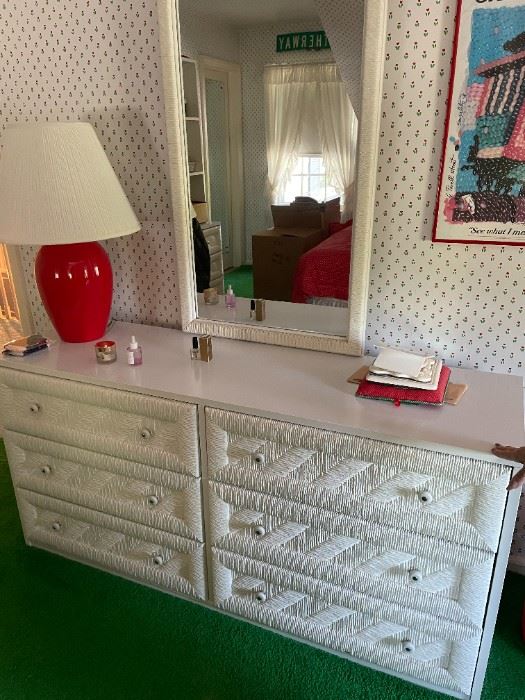 . . . a beautiful matching wicker dresser with mirror -- again a nice ceramic lamp accent