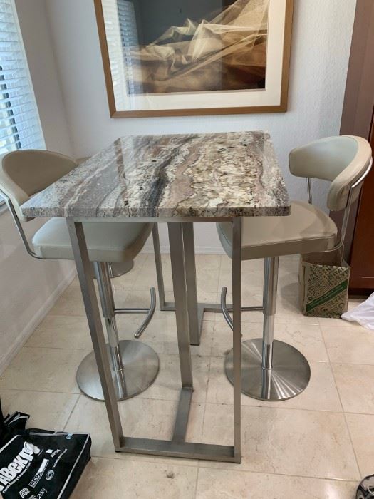 Scan Design granite bar table and leather stools with brushed stainless  metal.