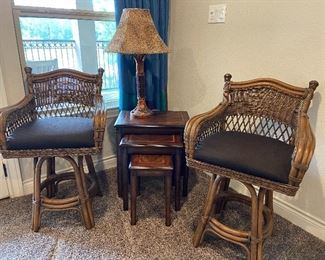 Nesting tables & some wood & wicker chairs 