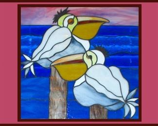 Fantastic Framed Stained Glass Pelicans 