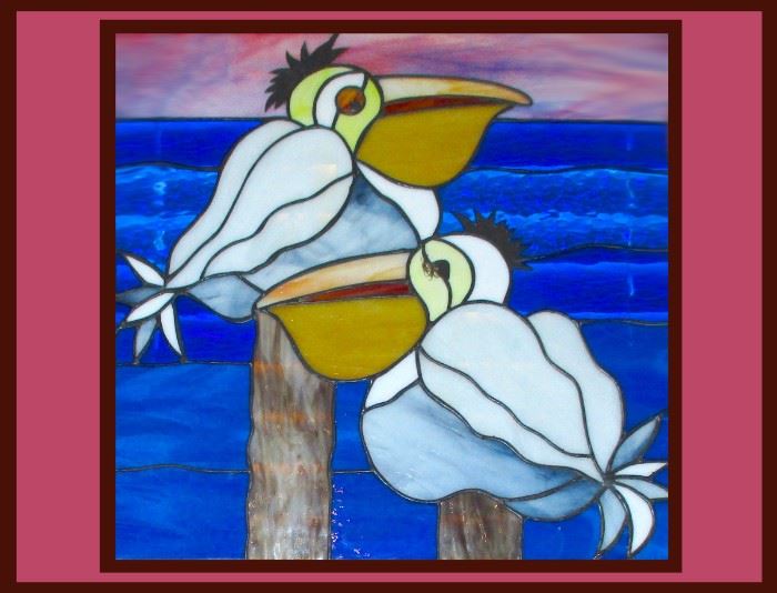 Fantastic Framed Stained Glass Pelicans 
