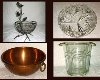 Birds Nest,  Cut Glass Bowl, Mauviel Chef's Solid Heavy Copper Bowl; Marked Made in France and Etched Ice Bucket 