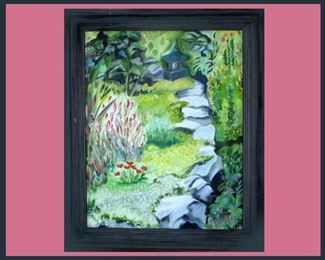 Original Family Oil Painting with Waterfall and Flowers